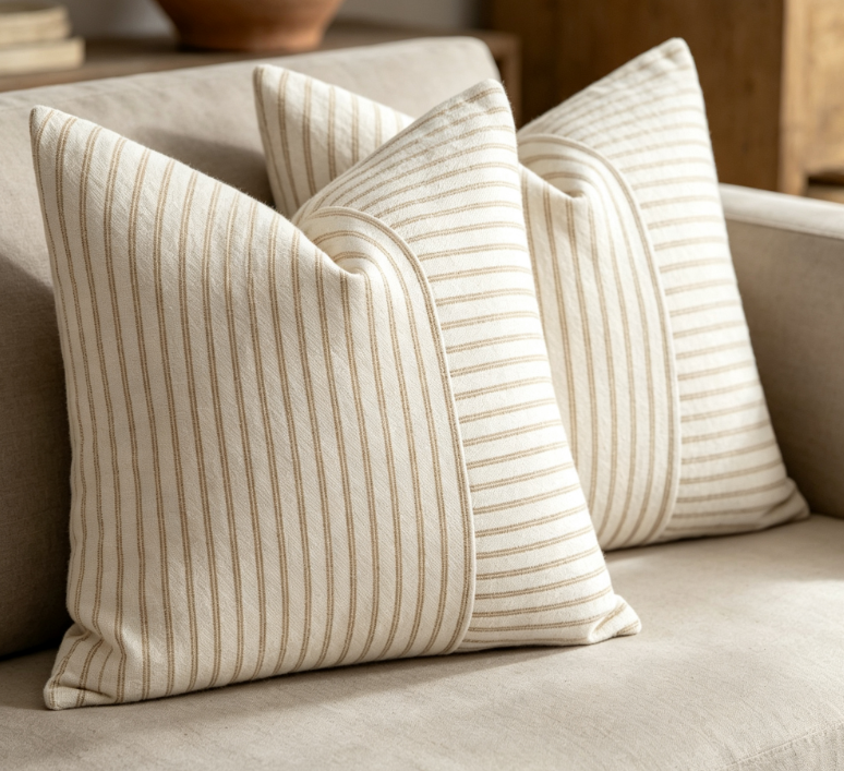 Khaki and beige color-block cotton-linen cushion