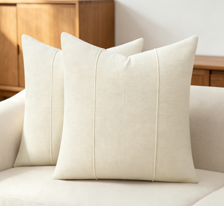 Solid-color cotton-linen throw pillow (neutral tones) – Minimalist farmhouse style