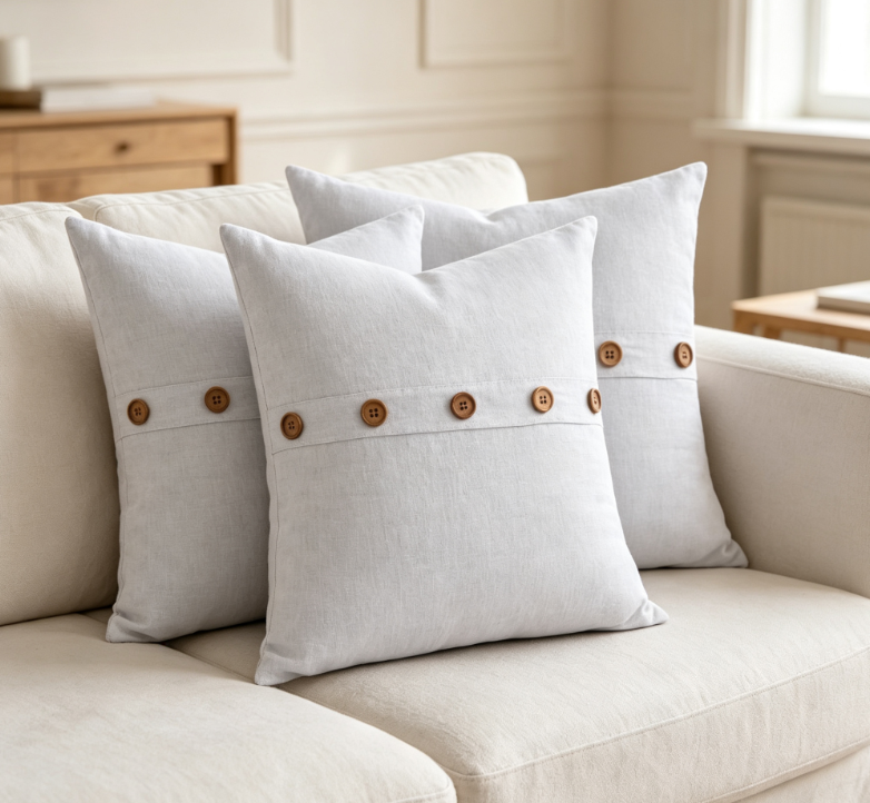 Solid-color cotton-linen cushion with wooden button detail