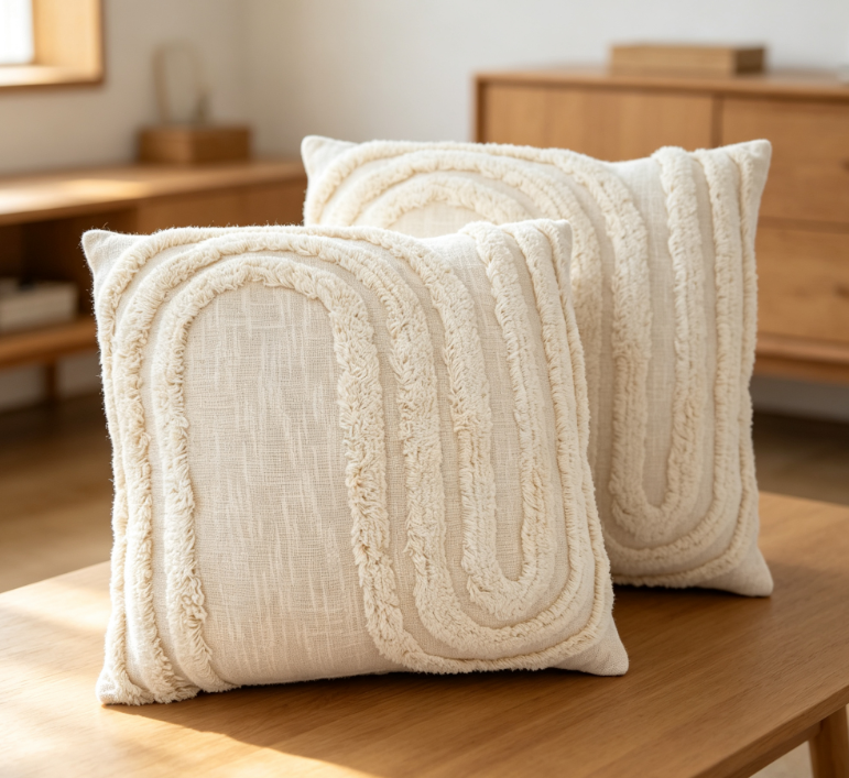 Solid-color tufted cotton-linen cushion